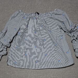 Sanctuary Black and White Striped Top with Embroidery